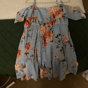 Blue and pink cold shoulder flower dress
